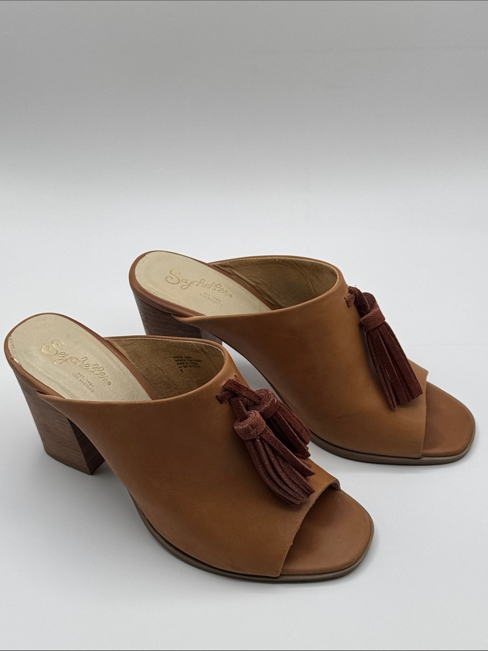 Seychelles Cognac Leather Open-Toe Tassel Mules Size 8